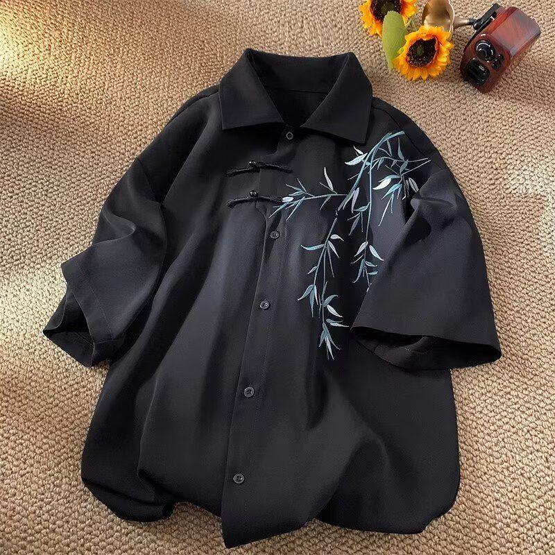 Вышитая бамбуковая рубашка летняя с коротким рукавом свободная женская отложной воротник свободная повседневная блузка M чёрный