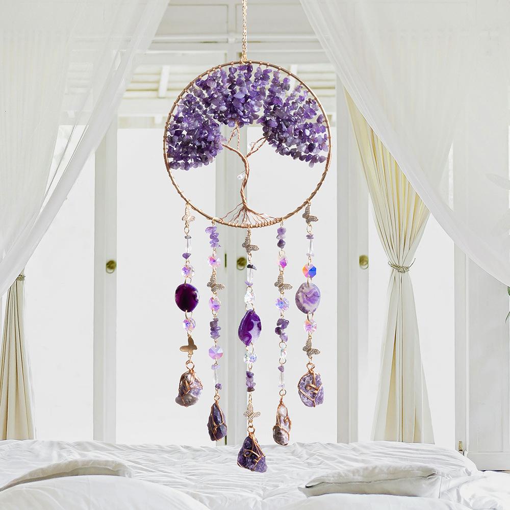 High-appearance Handmade Stone Crystal Chips Agate Slices Tree Life Dreamcatcher Pendants; Wind Chimes for Living