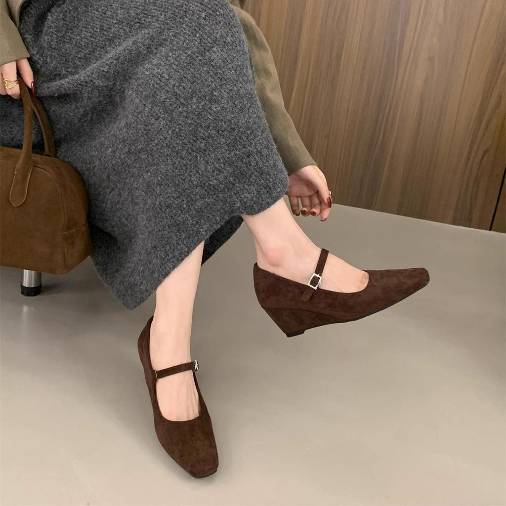 High-end Wedge Heel Light Mouth Single Shoes Women's Spring and Autumn New Korean Version French Temperament Evening Fairy Style Suede High Heels