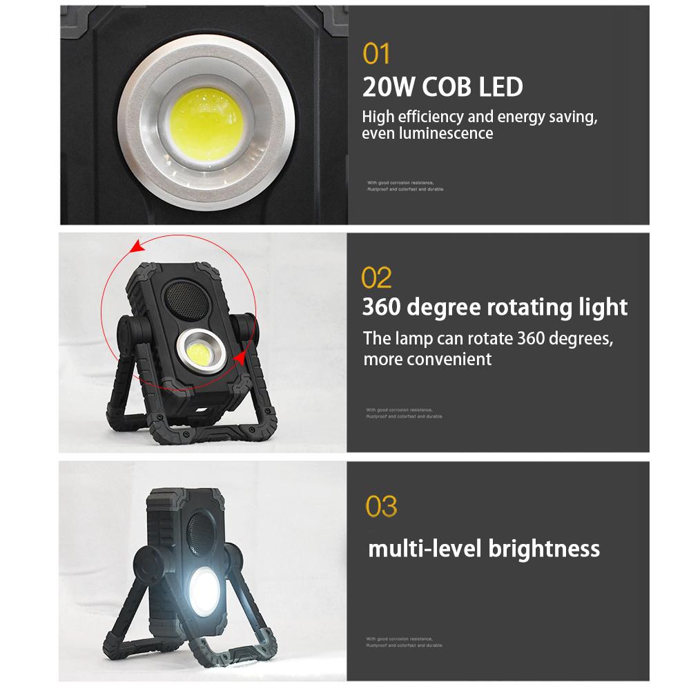 Portable Outdoor COB Work Light 1000lm Rechargeable Adjustable Bluetooth Speaker Lamp