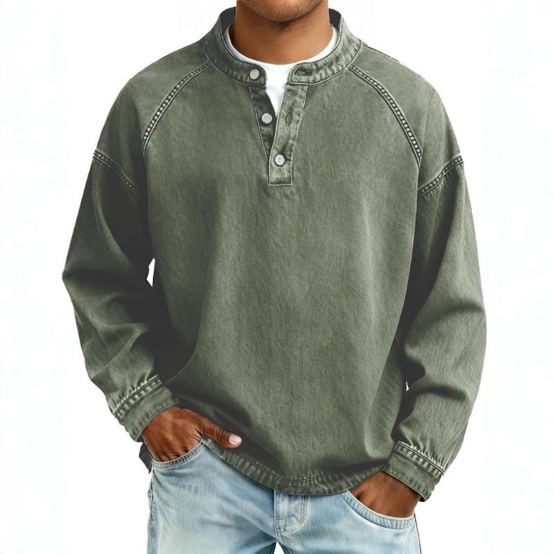 Men S Vintage Washed Stand Collar Long Sleeve Loose Solid Color Sweatshirt