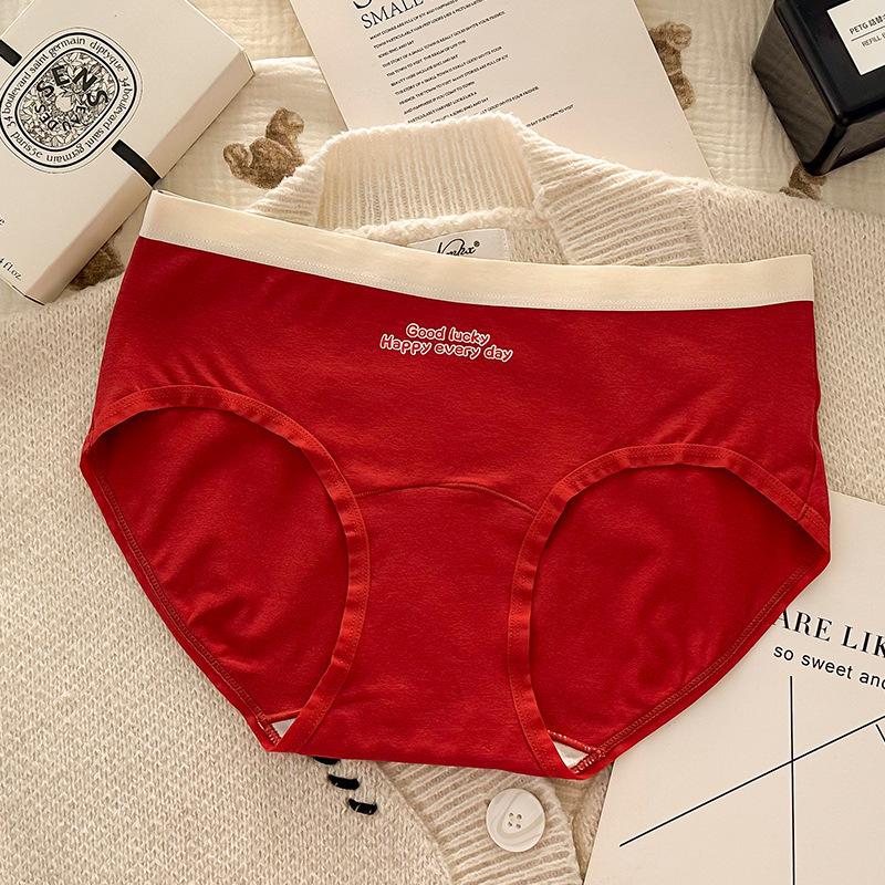Big Size Lady Spring and Autumn Year Red Cotton Antibacterial Extended Crotch Waist Triangle Briefs