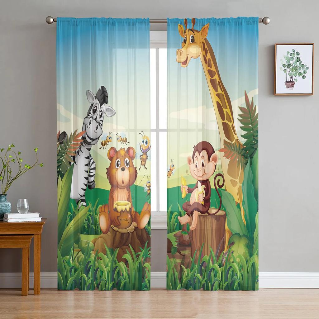 Cartoon Animal Hedgehog Fox Rabbit Green Leaf Netting Sheer Window Drapes for Living Room Bedroom Voile Organza Drapes Drapes