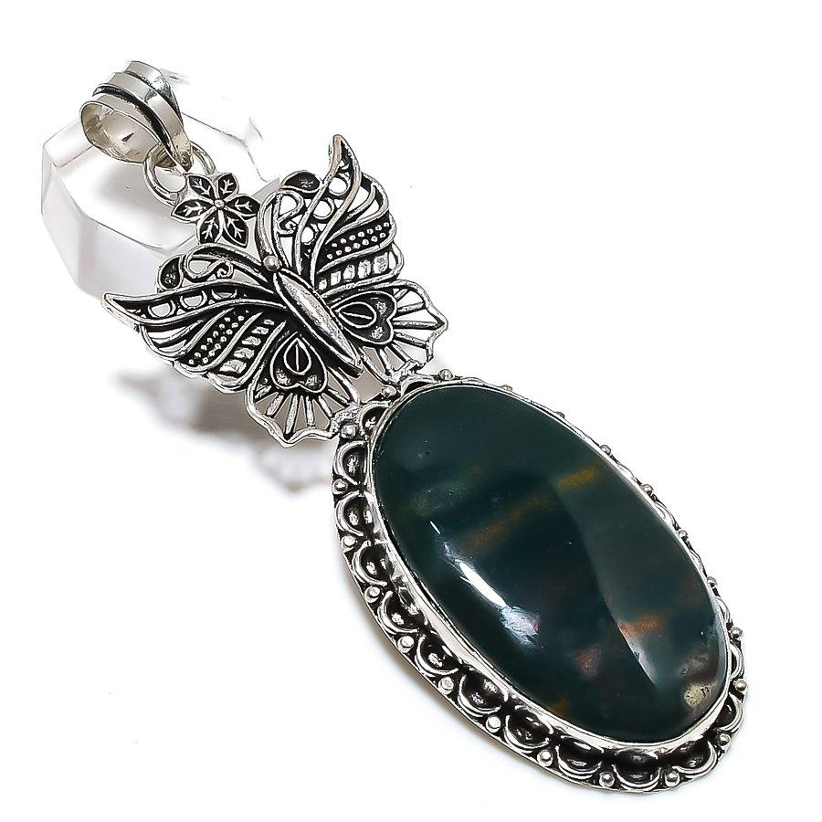 Natürlicher Blutstein-Edelstein, 925er Sterlingsilber, Schmuckanhänger, 8,5 cm, B6b36