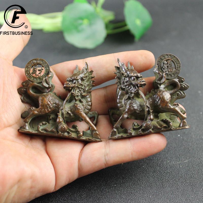 1 Pair Antique Copper Beast Kirin Statue Desktop Ornaments Retro Animal Figurines Feng Shui Home Decorations Crafts Accessories
