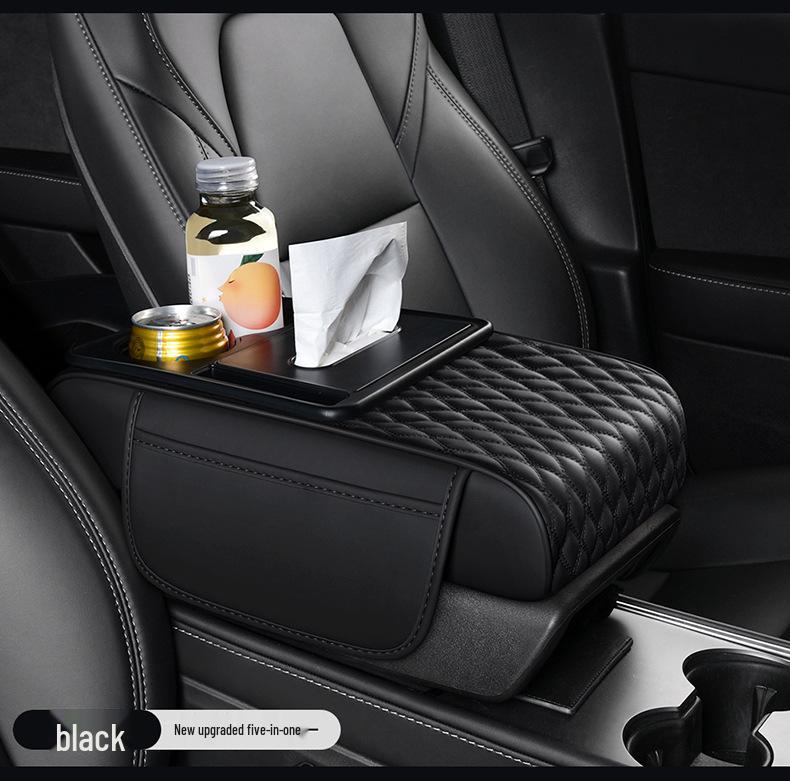Car Armrest Pad with Console Riser, Tissue Box, Cup Holder & Protector 5-in-1