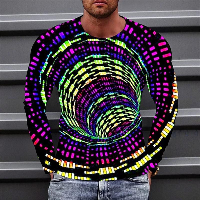 Optical Illusions Pattern 3D Printed Casual Long Sleeved Men's T-shirts - Soft Medium Stretch Polyester Fabric Spring and Autumn Relaxed Fit Clothing
