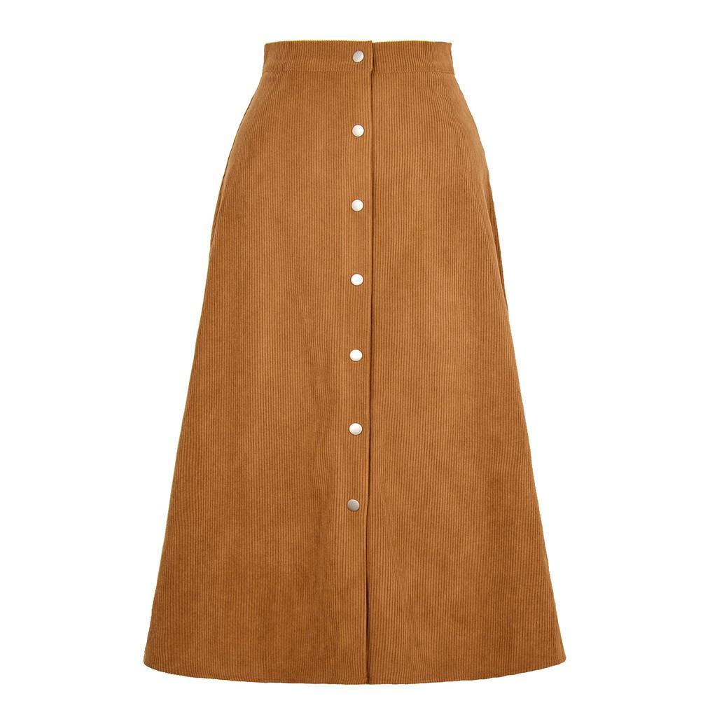 Corduroy High Waist Midi Skirt With Button Closure For Office And Fall Season