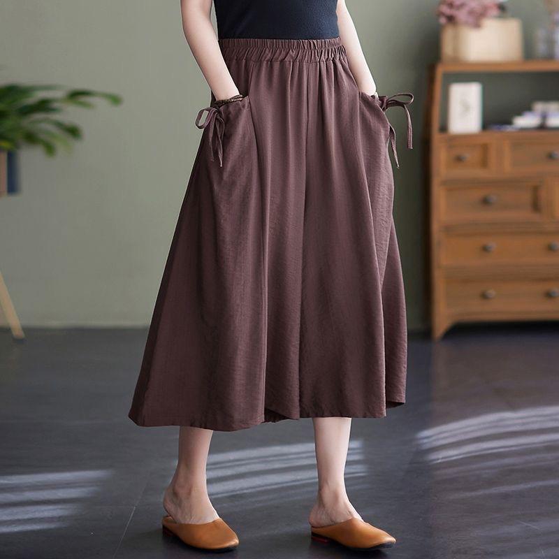 Wide Leg Pants for Women In Summer Loose Fit Plus Size Solid Color Elastic Waistband Large Swing Skirt Pants Casual Cropped Pants