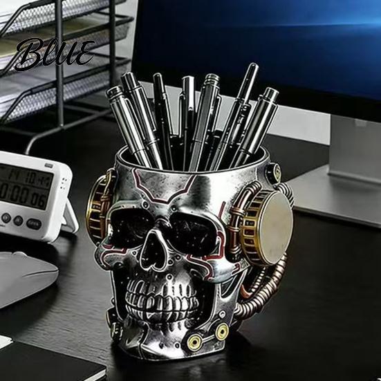 Skull Shaped Desk Accessory Pen Holder, Spooky Resin Makeup Brush Holder Multi-functional Desktop Organizer for Home Office, Halloween Decor