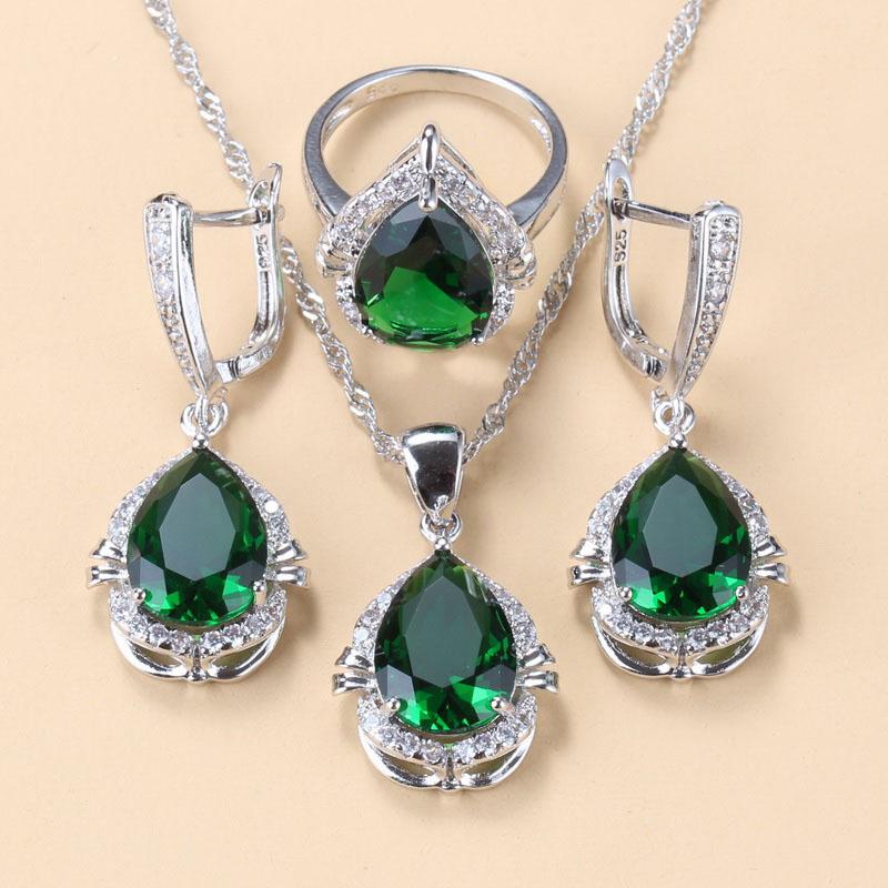 Water Drop Jewelry Sets With Green Cubic Zirconia Bridal Necklace And Earrings For Women Wedding Accessory