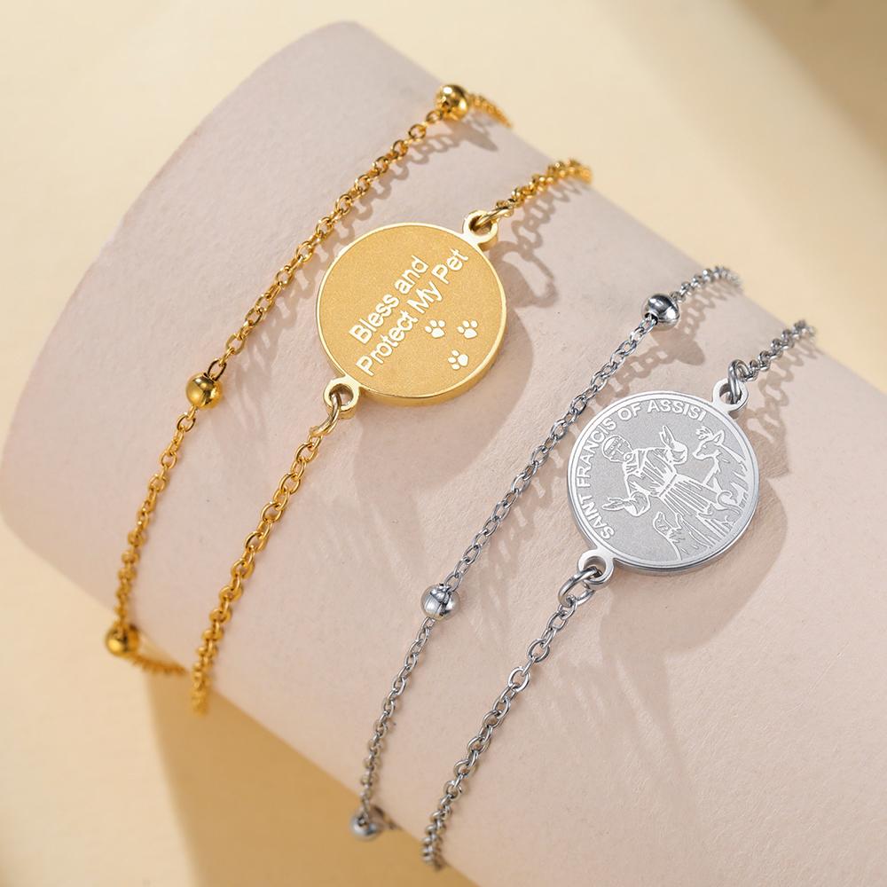 Dawapara Saint Francis of Assisi Coin Bracelet Catholic Patron Animal Advocate Gifts Stainless Steel Charms Religious Jewelry