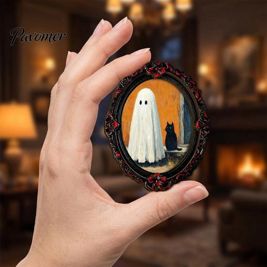 Indoor Halloween Theme Decorations Wooden Refrigerator Magnets, Vintage Gothic Oval Frame Fridge Magnets with Witch Retro Picture Decor Ghost