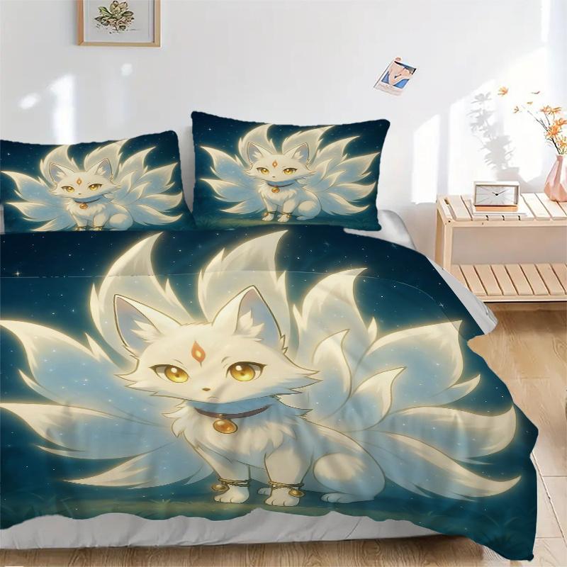 3pcs Enchanted Fox Spirit Printed Bedding Set, Soft and Comfortable Quilt Cover for Bedroom, Guest Room (1 Duvet Cover + 2 Pillowcases, Pillow Co