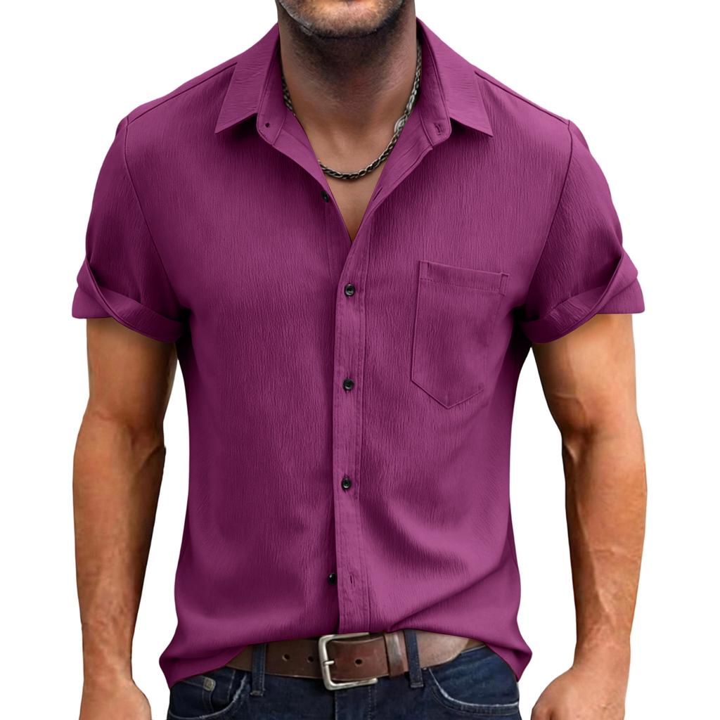 Herren Casual Einfarbige Baumwolle Leinen Kurzarm Hemd Button-Down Kragen Leicht Atmungsaktiv Urlaubs Sport Hemd für Herren
