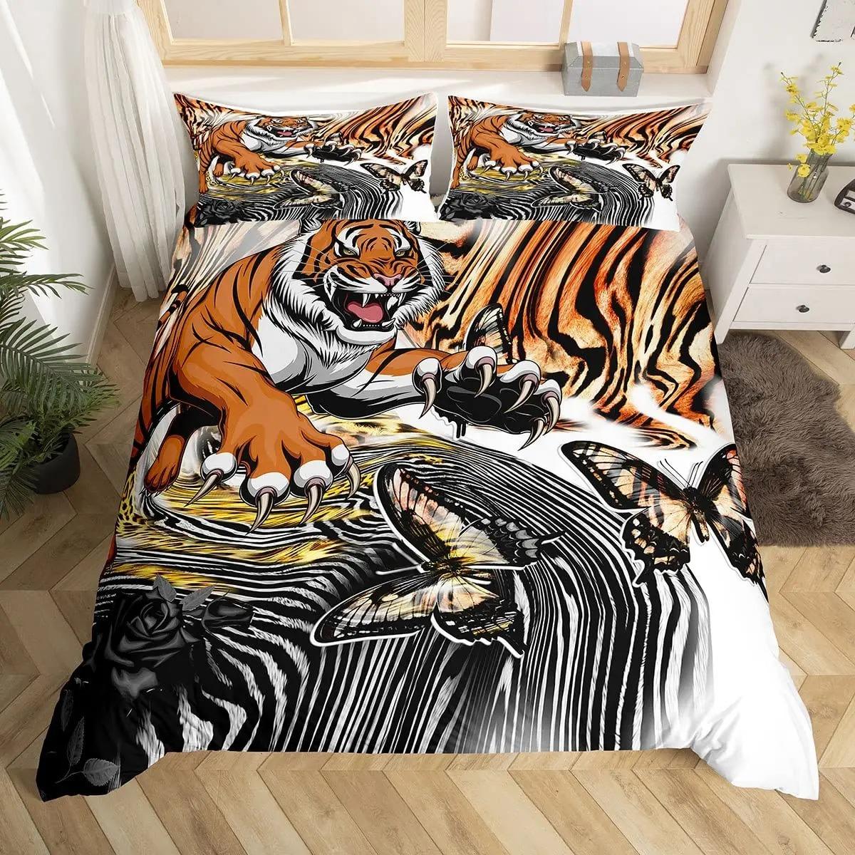 

Comforter Tiger Bedding Set Red Rose Flower Africa Big Cat Comforter Set Animal Themed 2-3Pcs Queen Size Comforter (quilt)-EU Single(135*200cm)3pcs