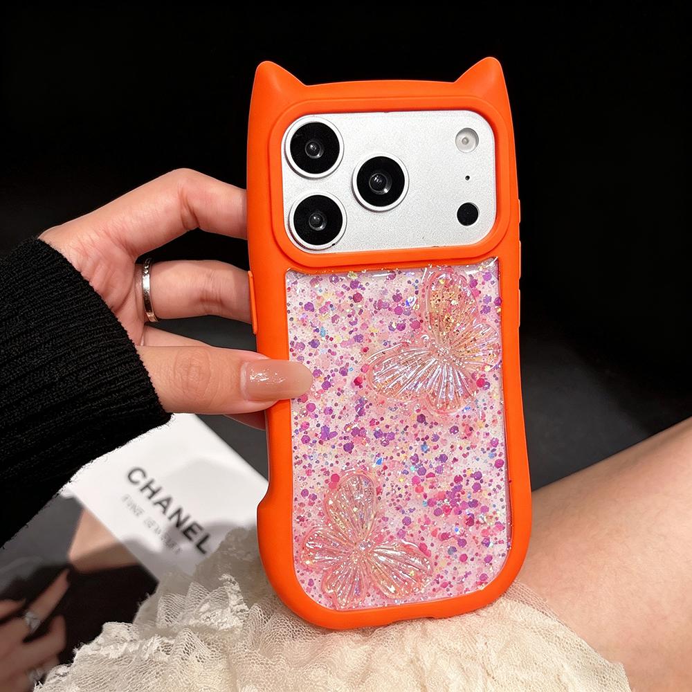 Cute Cat Ears Butterfly Transparent Lanyard Case for iPhone 17e 16 15 14 13 12 Pro Max 17 Air 11 Large Window Soft Edges Cover