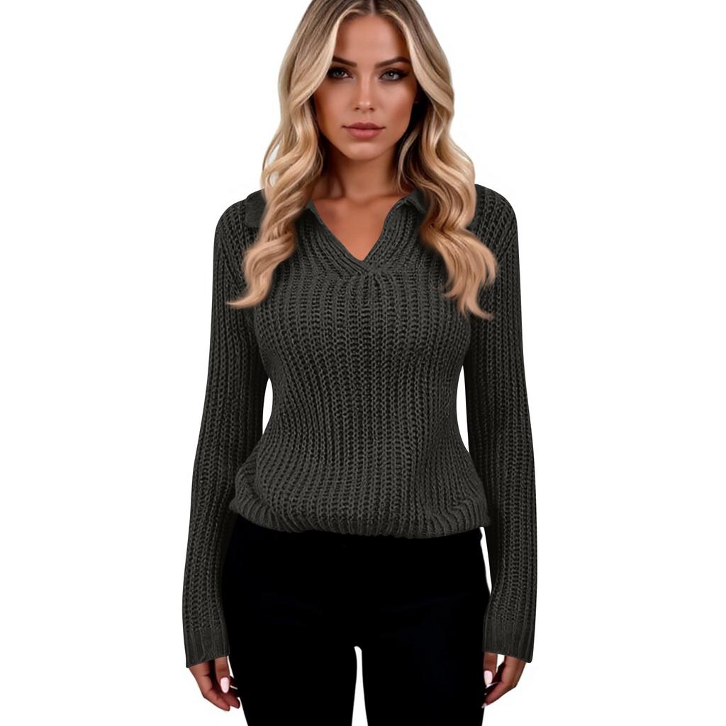 Pull-over pour femme à la mode, couleur unie, à revers, manches longues, tendance et polyvalent