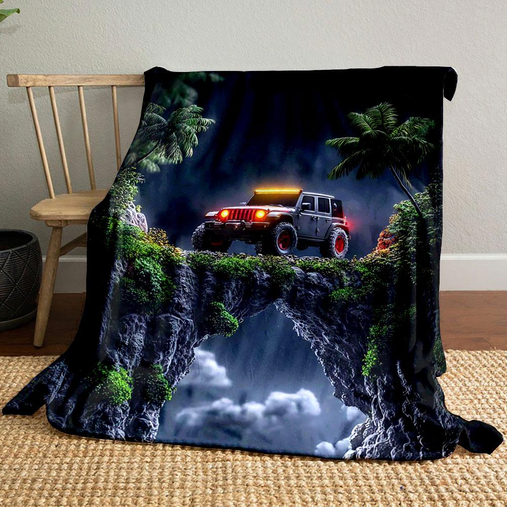 A jeep with glowing lights on a rocky bridge, surrounded by palm trees. for all seasons blanket lunch break throw gift