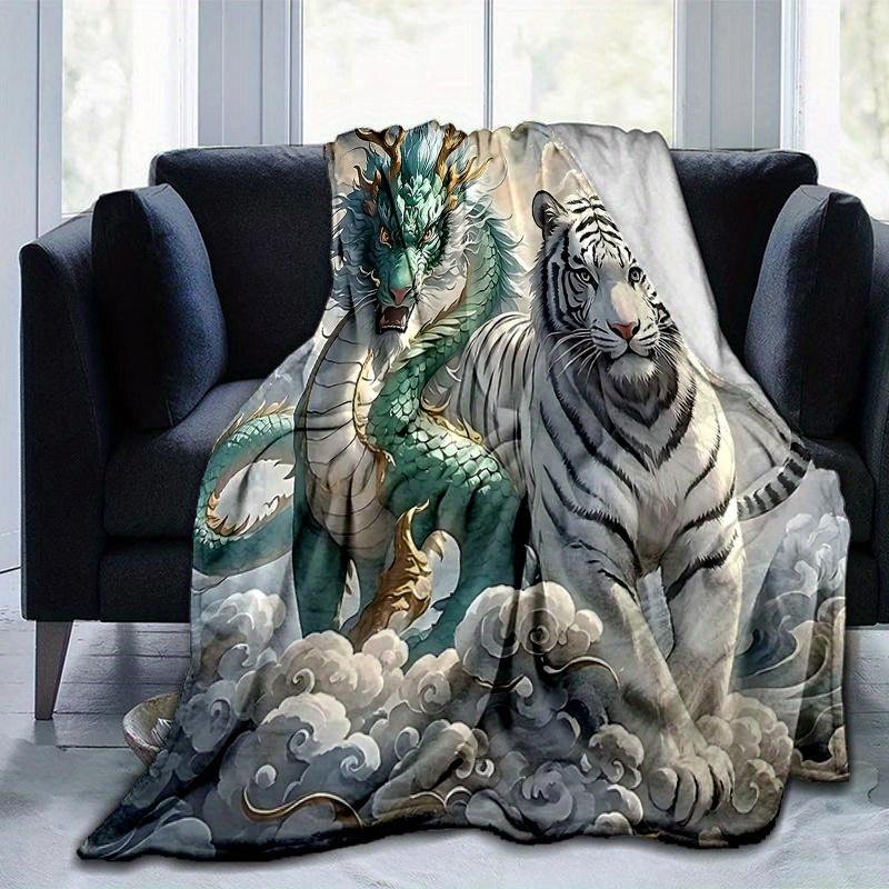 1pc Turquoise Dragon and Snow Tipped Tiger Soaring Through Clouds Blanket Bedding Throw for Room Decor, Living Room, Travel, Camping, Car Blankets