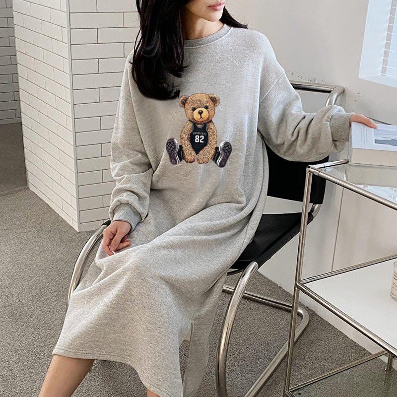 Long Fleece Lined Hooded Dress Women's Loose Fit French Style Outerwear Autumn plus Size Knee Length Gown round Neckline