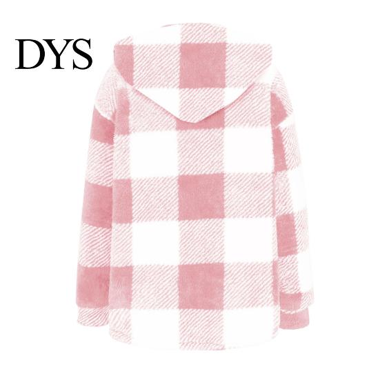 Women Jacket Lady Winter Coat Plush Lined Flannel Conrast Color Plaid Print Design Outerwear Hooded Single-breasted Thick Loose Long Sleeves Casual