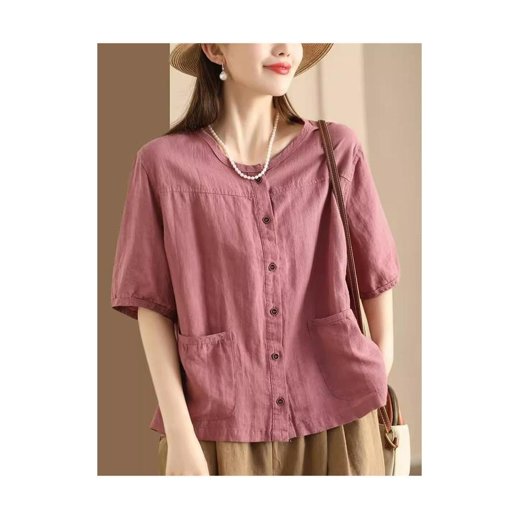 Cardigan Letterario Retro Estivo Cotone e Lino Taschino Camicia Design Donna Casual Monopetto Manica Corta Temperamento