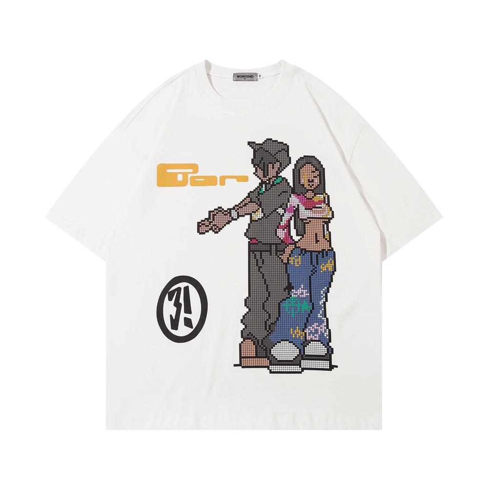 Tricou casual cu mâneci scurte cu desene animate, unisex Instagram Street Trend, tricou cu mâneci sfert din bumbac pur, cu sferturi de vară