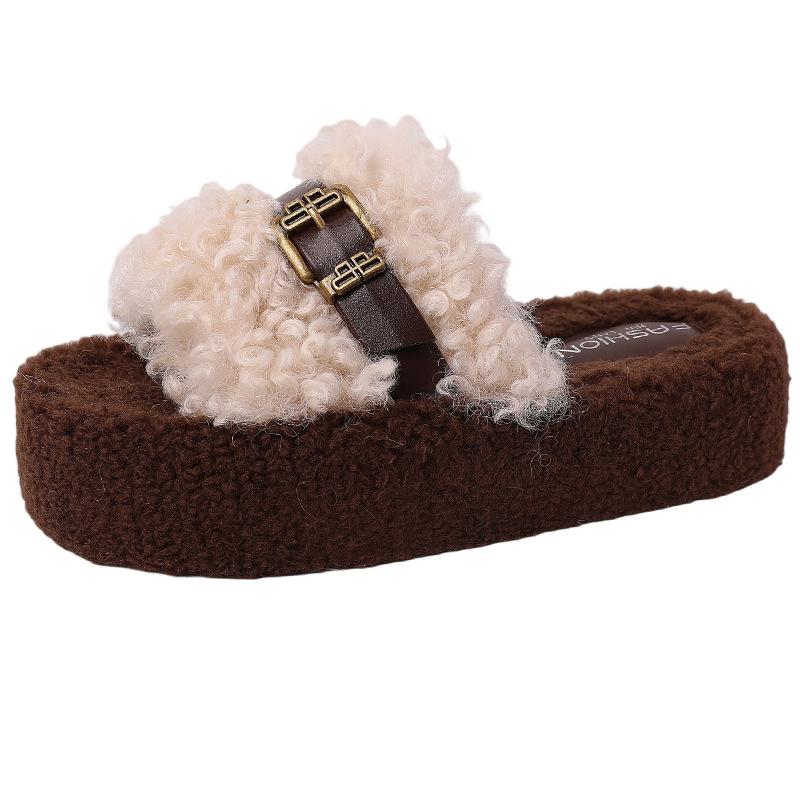 Piaohong retro style thick bottom heightening exquisite belt buckle Mao Mao slippers women's 2025 autumn and winter new one-word cotton slippers