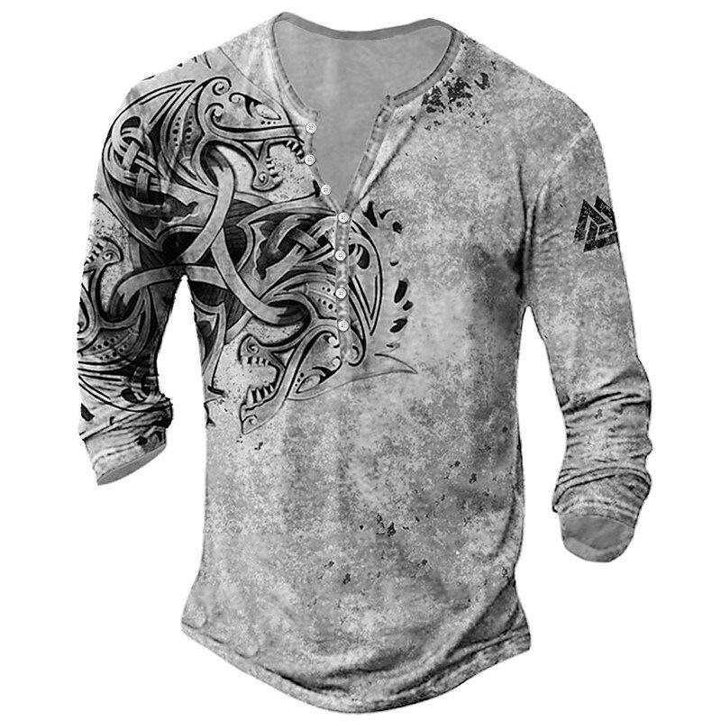 Evropské a americké slim fit plus size tičko bez límečku s potiskem, ležérní s dlouhým rukávem