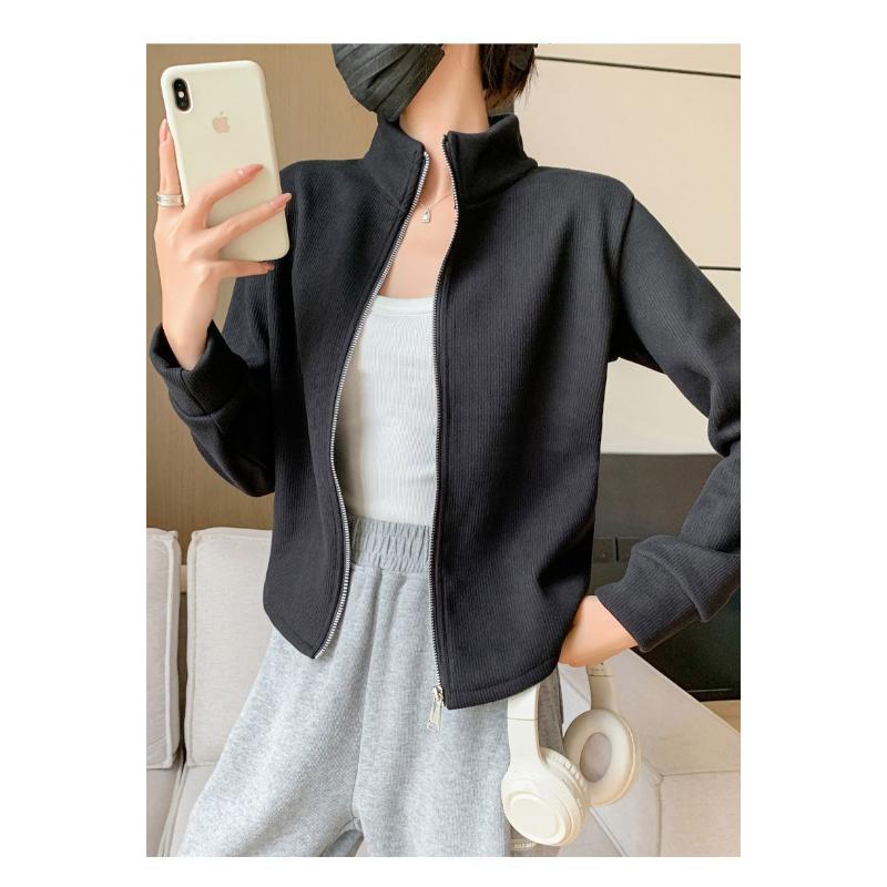 

Кардиган из рубчатого флиса, приталенный, со стойкой, короткая куртка, женская, весна-осень, верхняя одежда, топ на начало осени L чёрный