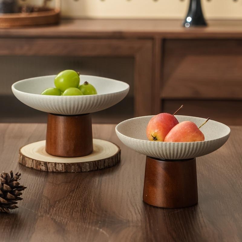 Grovkeramik Keramik Dim Sum-tallrik med Trähög Fot Hushållskök Zen-stil Hög Fot Dim Sum-tallrik Snacksfat Brickor