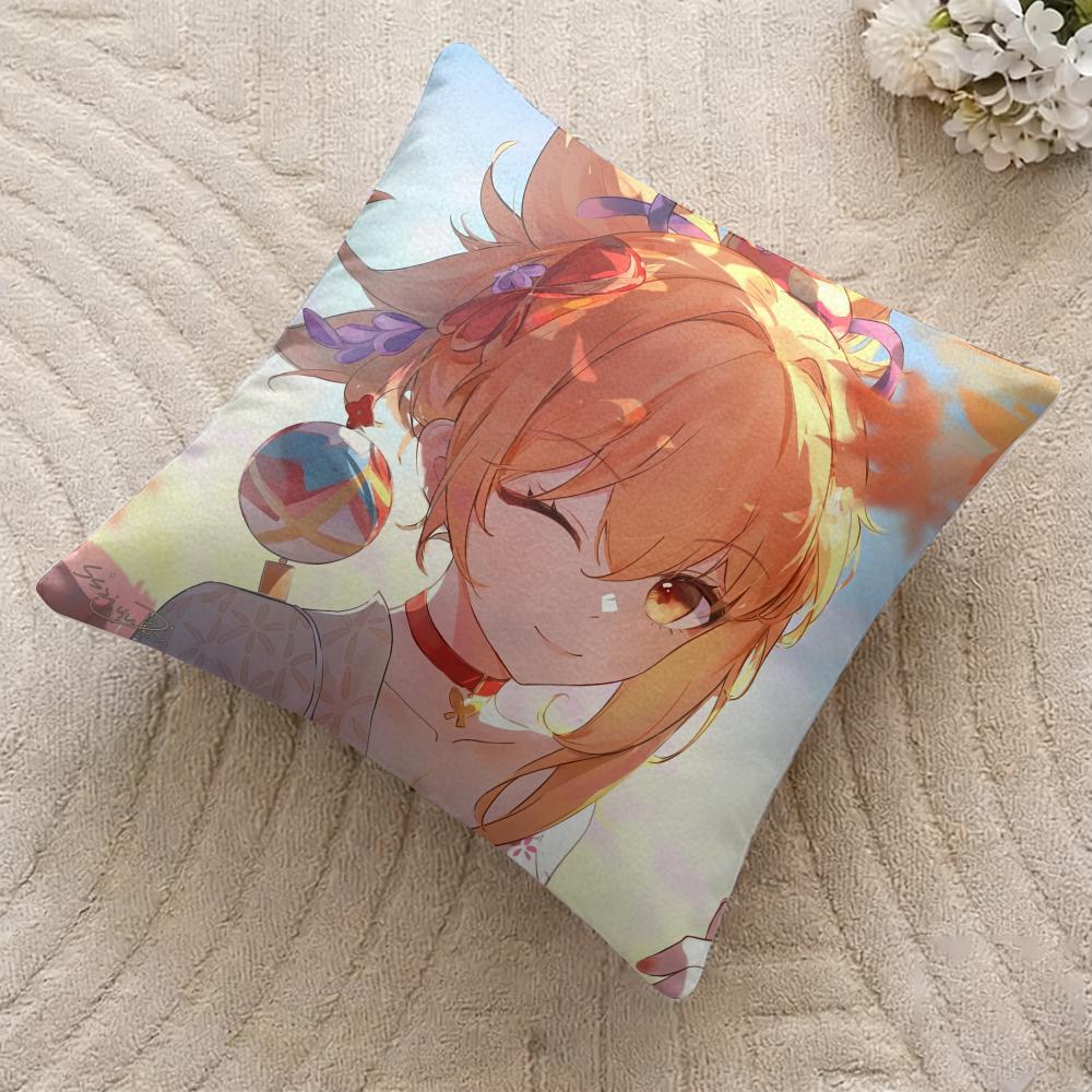 Yoimiya Genshin Impact Cute Cushion Cover Silky Short Plush Invisible Zipper Dustproof Sofa Pillow Case For Home Decor