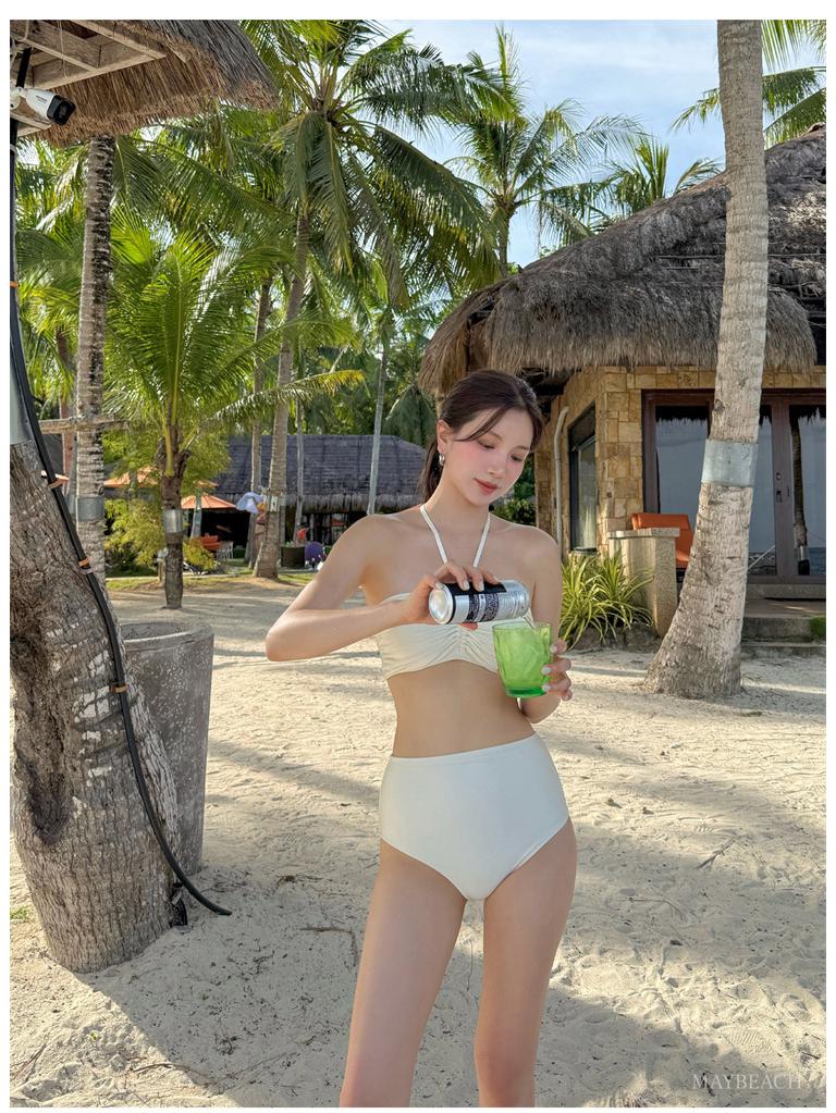 Korean-Style One-Shoulder Push-Up Bikini with High-Waisted Pants: Solid Color and Sexy Split Design