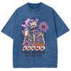 Skull Flower Print Women's T-Shirt Washed Fabric Cotton Loose Short Sleeve Street Fashion Top Cute Style Tee