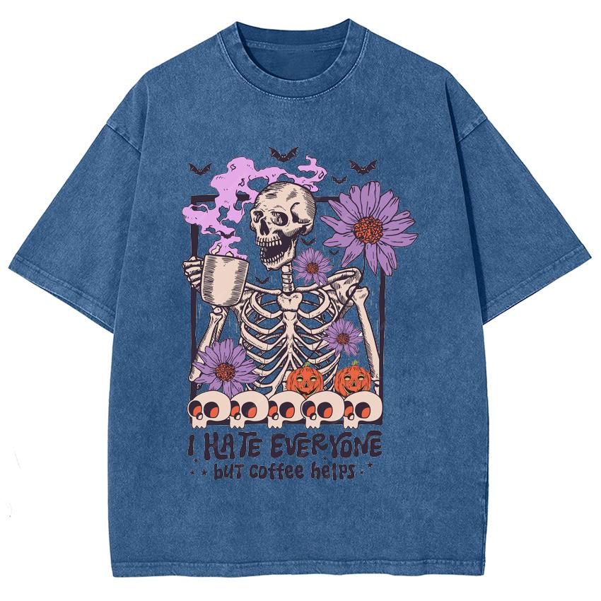 Skull Flower Print Women's T-Shirt Washed Fabric Cotton Loose Short Sleeve Street Fashion Top Cute Style Tee