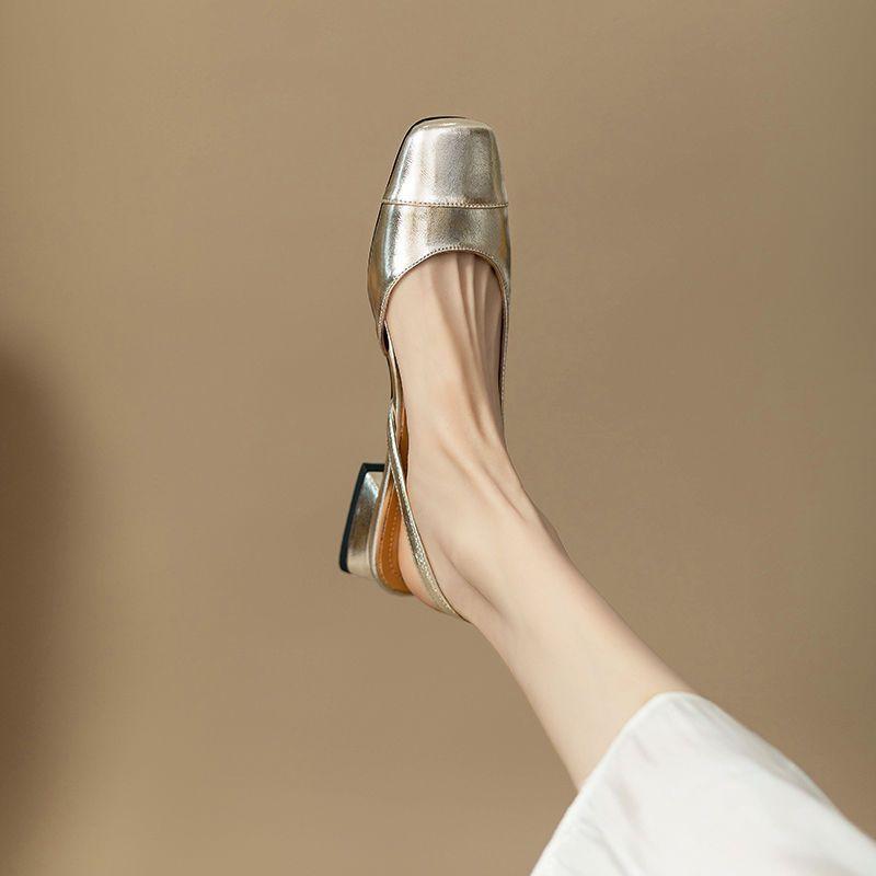 French 2025 summer temperament Internet celebrity silver super thin square head empty single shoes low heel bag head wear sandals women