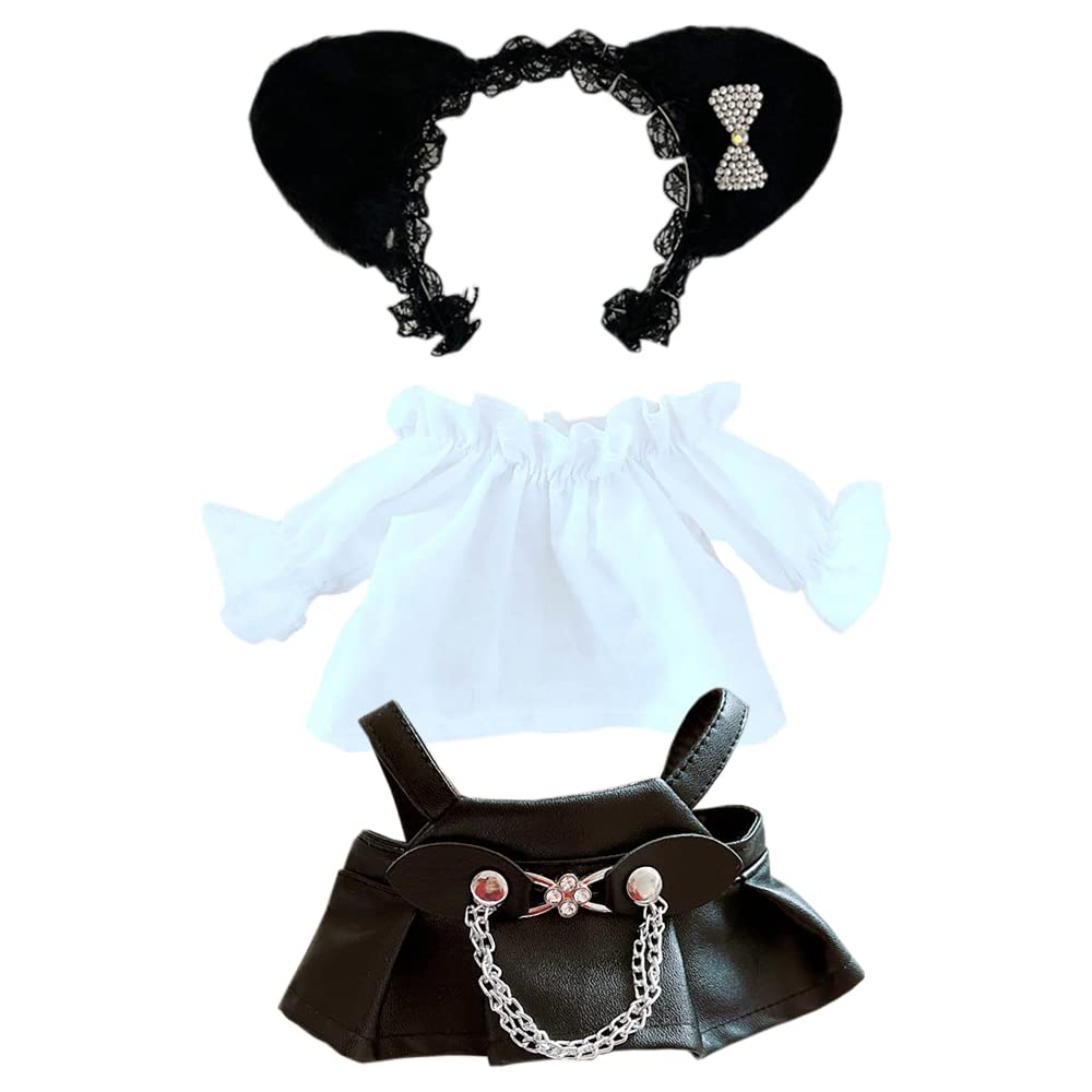 

niannyyhouse 20cm Doll Clothes, Cotton Doll Clothes, Black Cat Headband, White Shirt, Leather Skirt, Doll Baby Clothes, Dress-Up, Plush Toy (A)
