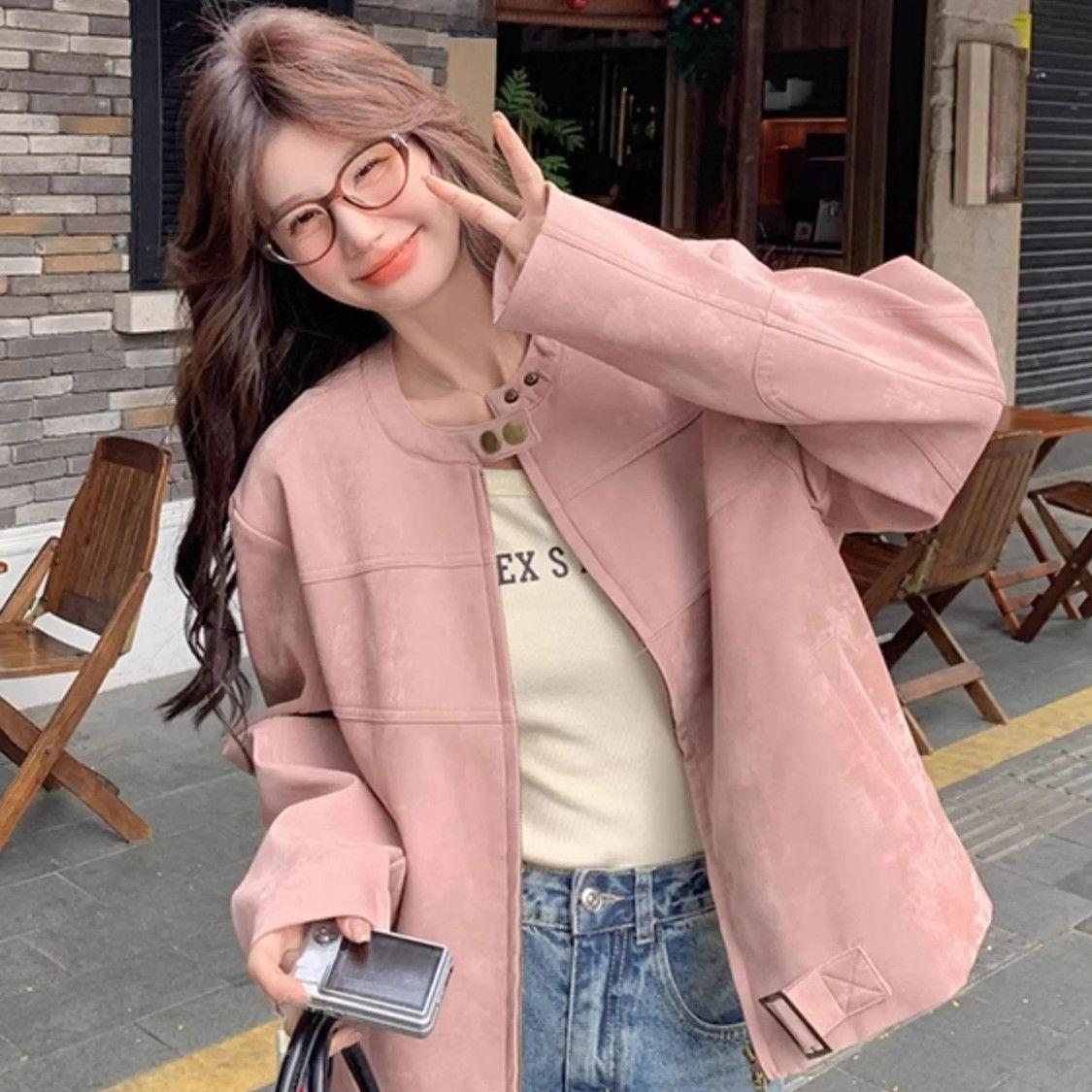 Fashion Faux Leather Jacket Women Autumn Casual Loose Fit Round Neck Coat Trendy Outerwear S