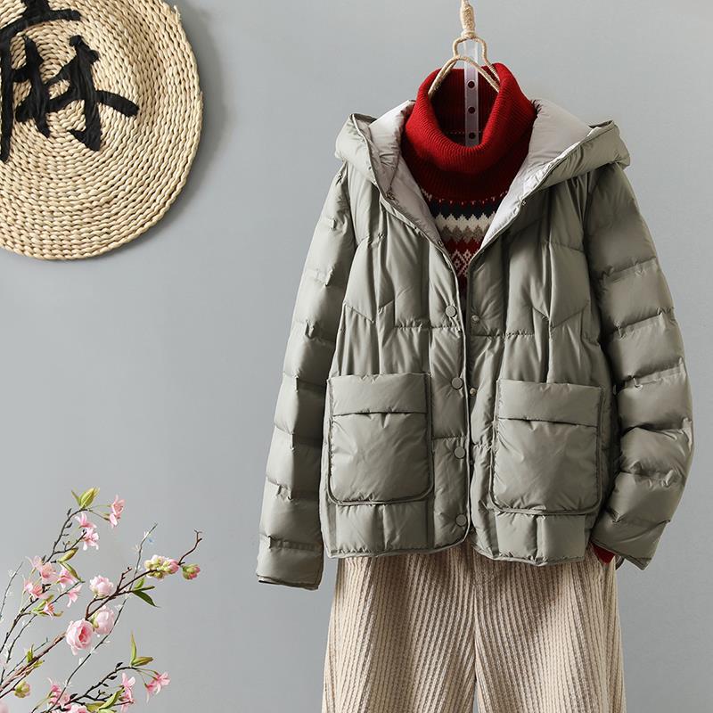 

Женская однобортная куртка-пуховик с воротником-стойкой, свободные повседневные парки с капюшоном, женские пуховики из белого утиного пуха L зелёный