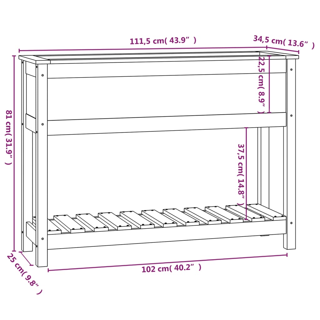 Planting Trough with Shelf Black 111.5 X 34.5 X 81 Cm Pine Wood