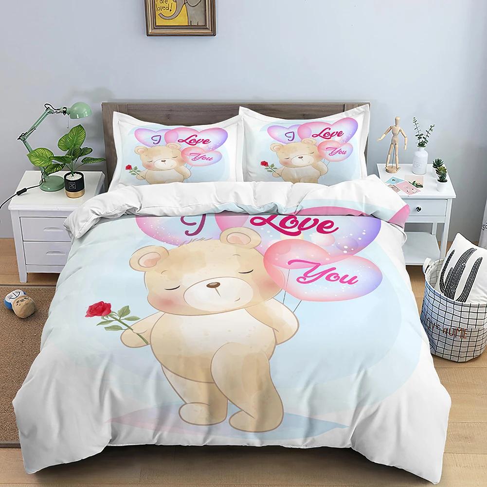 Comforter 3D Romantic Valentines Day Red Rose Bear Printed For Girl Queen S Luxury Bedding
