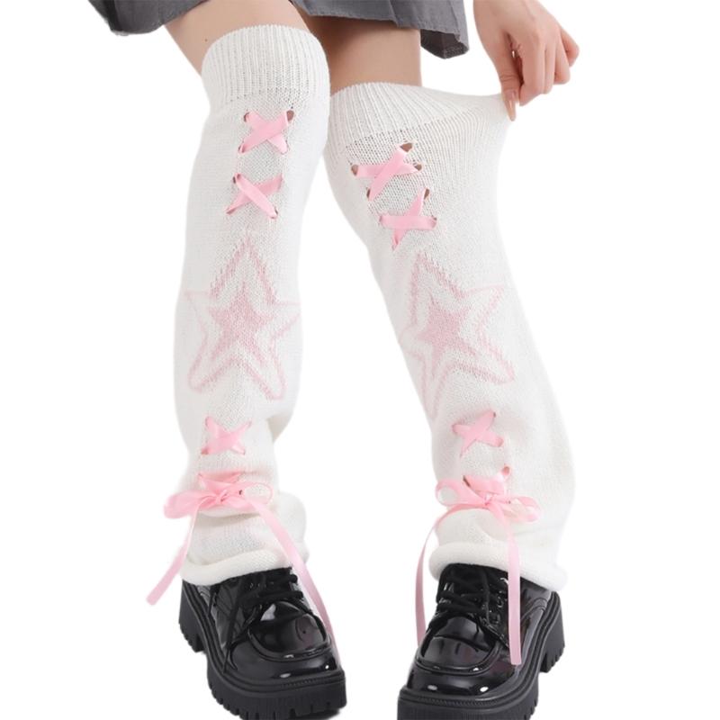 Women's Punk Star Pattern Knitted Leg Warmers with Ribbon Bows Flared Boot Covers Knee Length Socks Japanese Streetwear