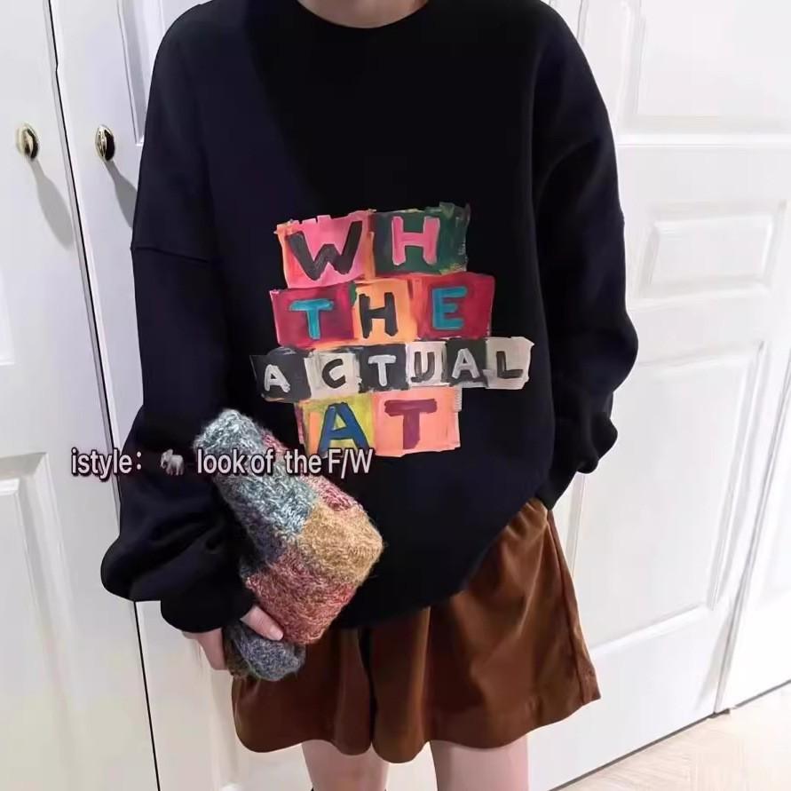 New fashionable foreign style color letter round neck pullover sweater women s velvet thickened warm tide S