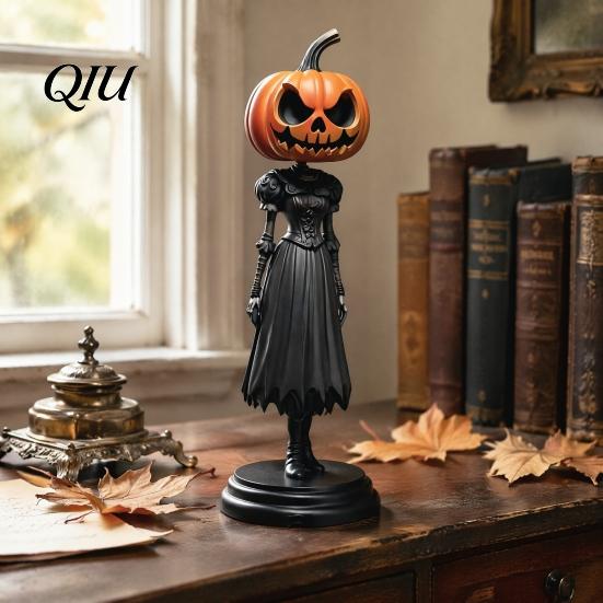 Saisonale Bauernhaus-Dekoration Kürbis-Hexe Figur, Gruselige Halloween-Statue mit Laterne, Harz Herbst Tisch Vintage Gotisch für Tischplatte Kaminsims Regal
