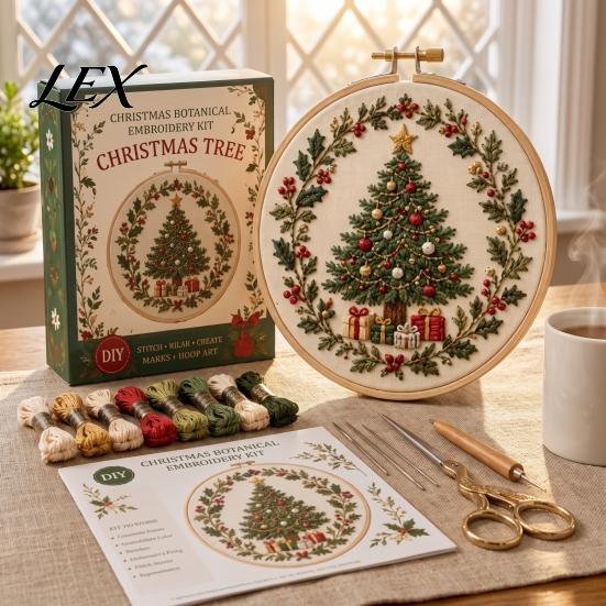 Holiday Theme Embroidery Projects Christmas Kit for Beginners, Pre-Printed Pattern Full Set Art And Craft Kits Adults of Tools, DIY Needlework Festive