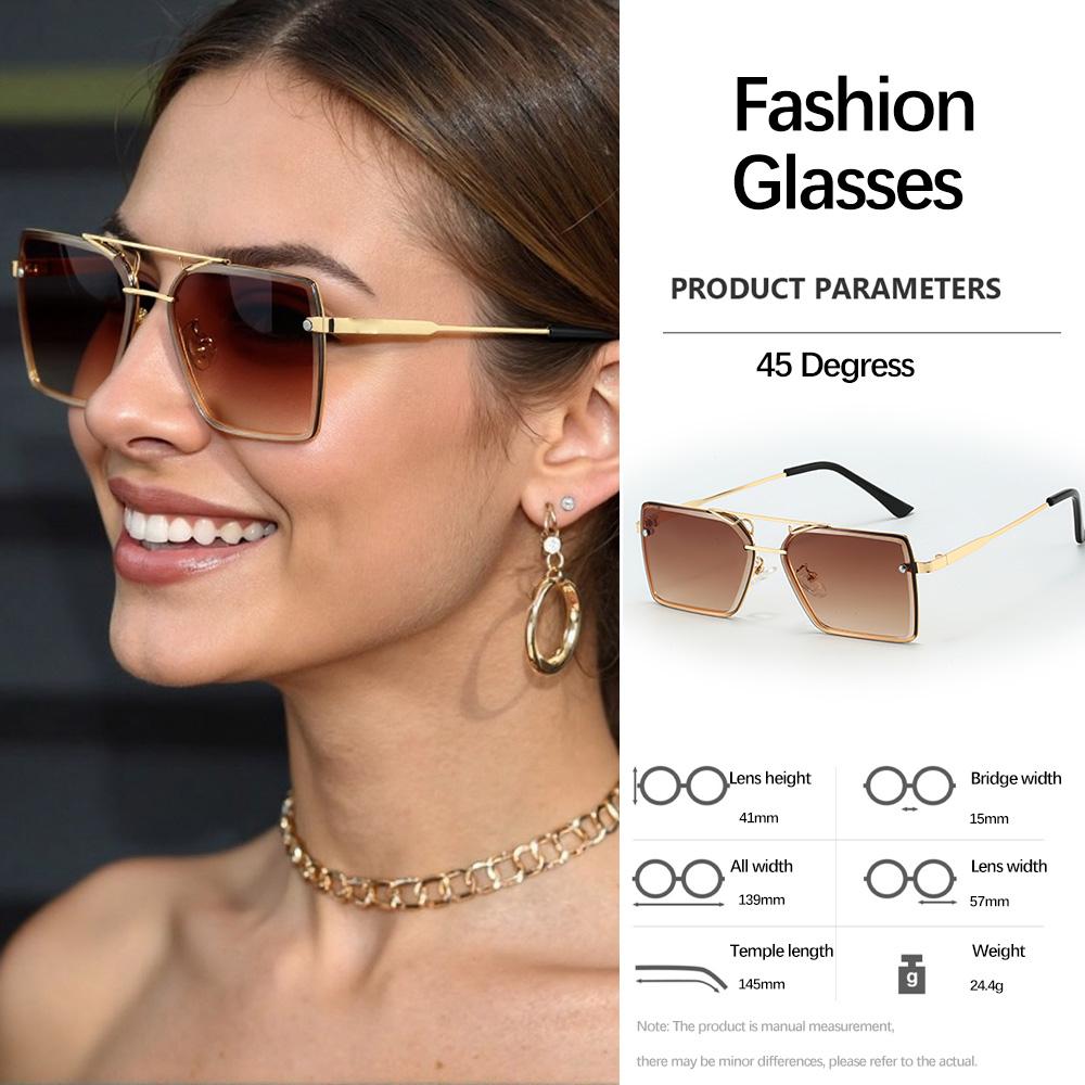 Vintage Square Double Bridge Sunglasses For Women With Golden Metal Frame And Chain Decoration Light Luxury Women Glasses