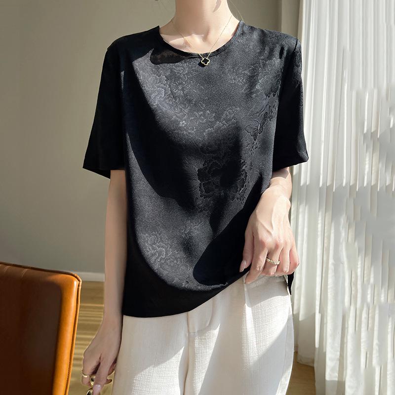 Women's Satin Round-Neck Five-Sleeve Loose-Fit Summer T-Shirt
