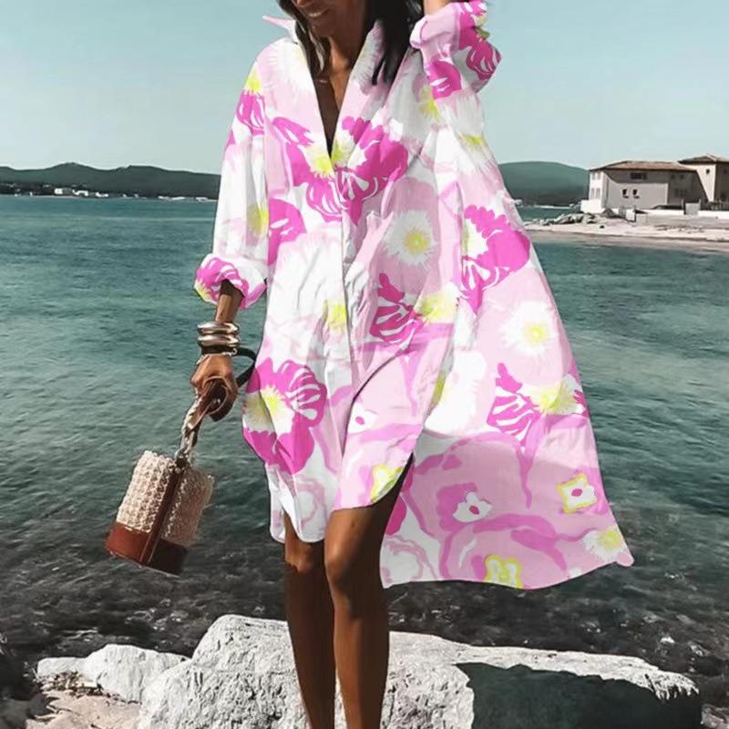 Letní Nové Ležérní Tištěné Šaty Plus Size Dámská Móda Volný Pás Dlouhý Rukáv Košilové Šaty Dámské Vintage Jednoduché Plážová Dovolená Dámské Šaty 26523