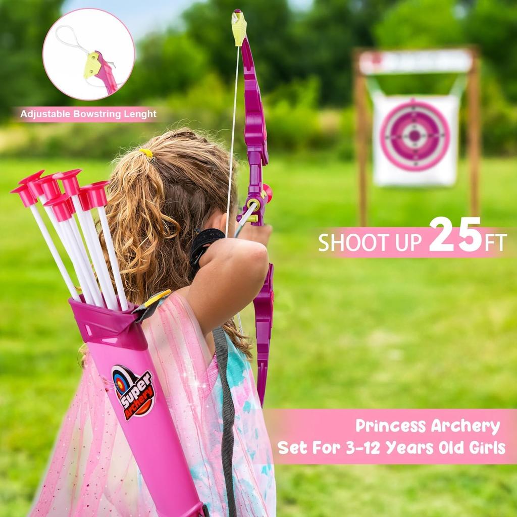 Kids Shooting Set Bow and Arrow Set with Flashing Pink LED Lights Arrow Rack Target and Quiver Hunting Chain for Boys Girls